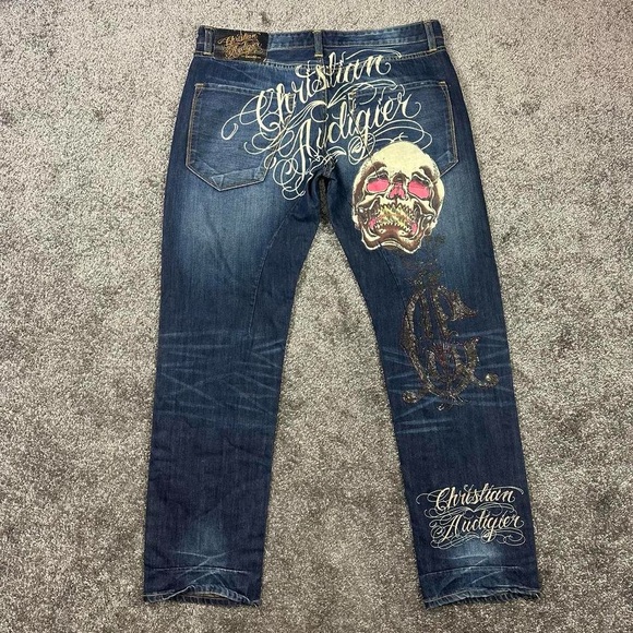 Christian Audigier Denim Jeans 36X34 Skull Back Logo Rhinestones Embroidery - Picture 3 of 16